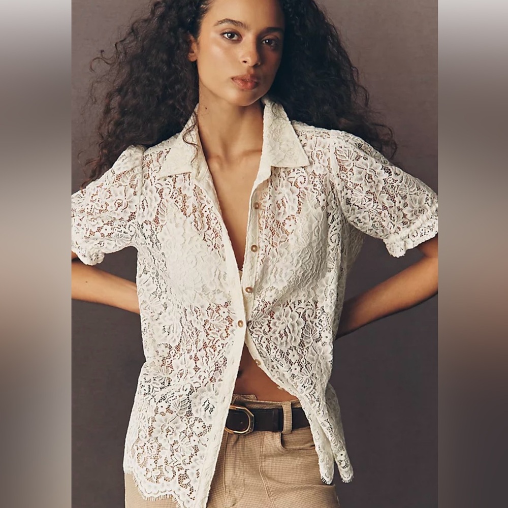 L001.Anthropologie Pilcro Aly Lace Puff-Sleeve Blouse - Picture 4 of 4